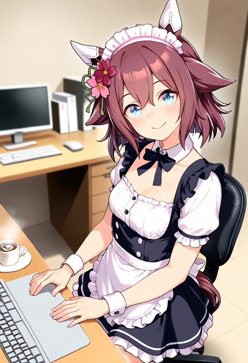 <lora:ShinobuInuyose-03:0.8>, shinobuinuyose, looking at viewer, smile, hair ornament, thighhighs, gloves, bow, sitting, braid, white gloves, garter straps, monitor, keyboard (computer), screen