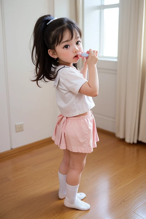 2-year-old child,Children's clothing,skirt by the,Lace,Bow knot,layered skirts,pink miniskirt,yellow-tops,Long hair,close-up, ass