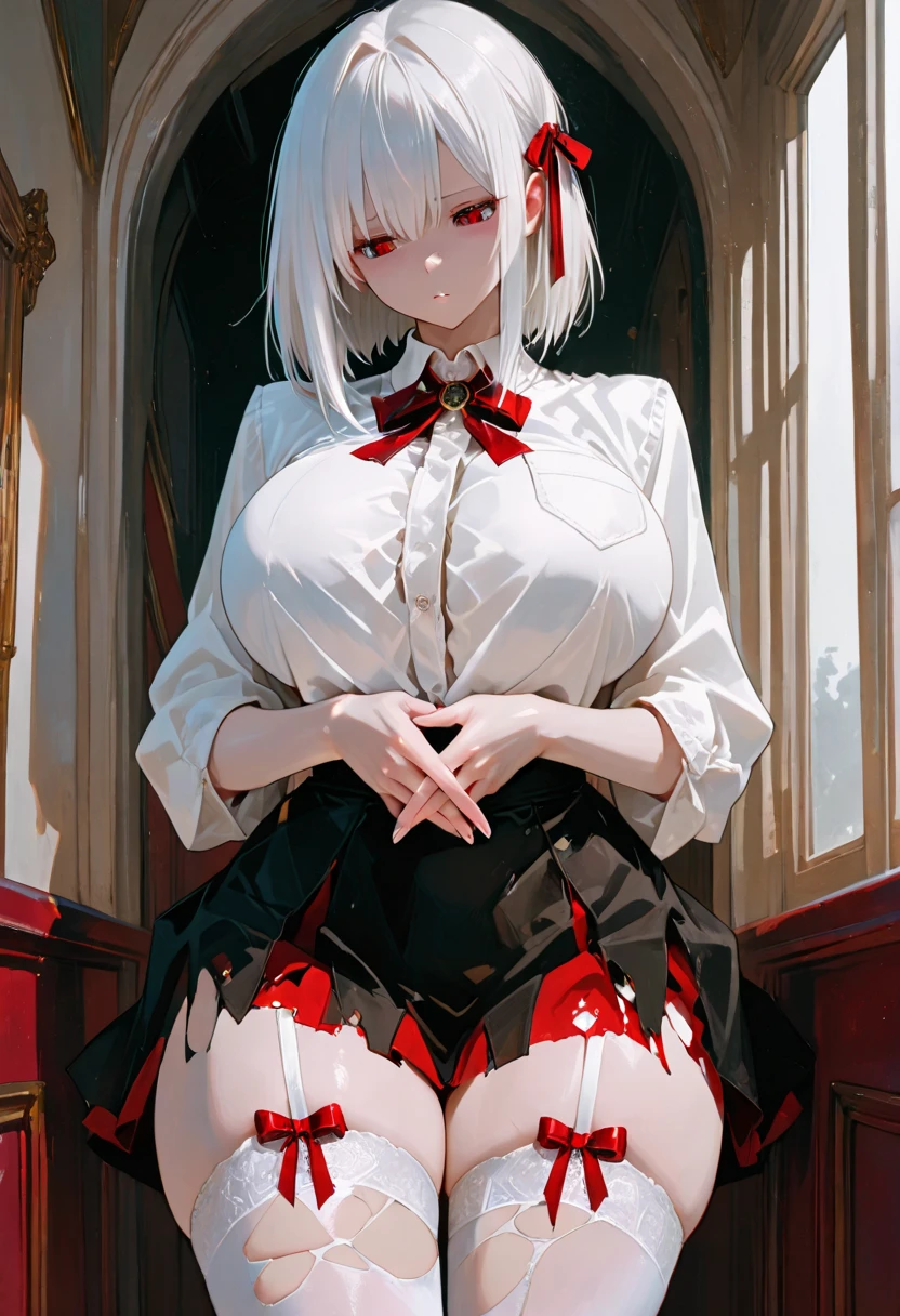 little red riding hood,Sitting,Spread your legs,Black tight knee socks,Light blue and white striped panties、Lower body zoom、Small breasts、Nipples、Covered in milky liquid、Wet、Creampie