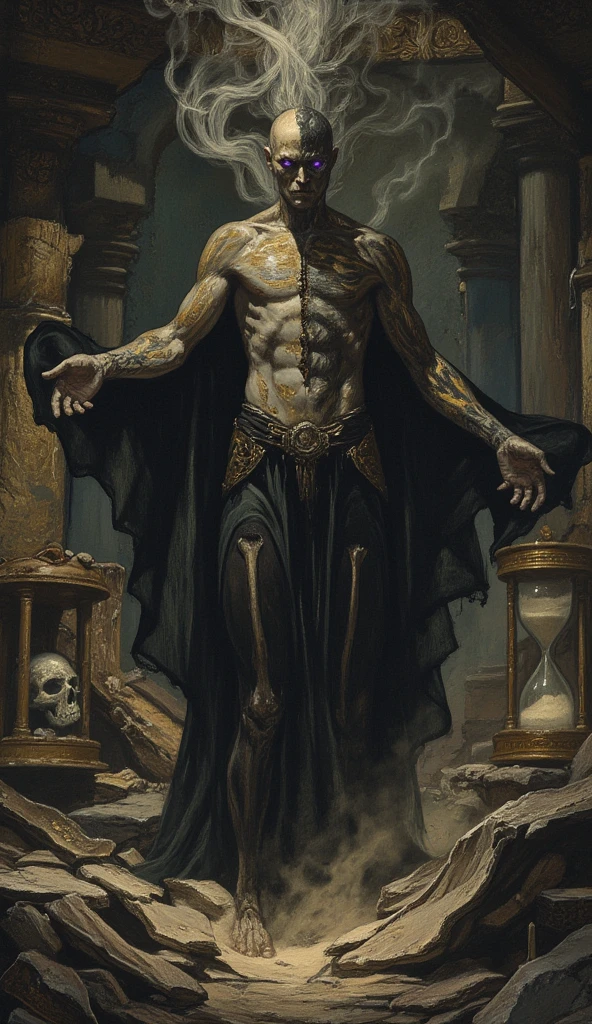 surrealism art, disturbing nightmare, mysterious, Provocative, symbolic, complex, detailed, high qualiy, ghostly creature, gothic horror, translucent muscular body, Male gender, rectangular face, floating above the ground, white spectrum, seminu, wearing toga, in the setting of a gothic mansion, Erotic horror.