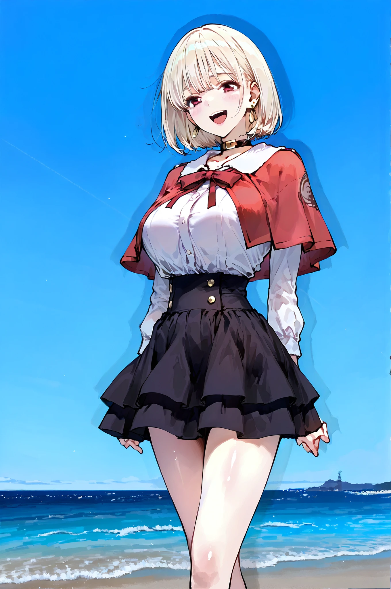 masterpiece, best quality, HD 4K, Girl, best anatomy, pretty face, pretty body, anime, anime style, eyes, nose, ear, smile, lips, neck shoulders, sexy outfit, short skirt, pantyhose, thin waist, thick legs, big thigh, background scenery