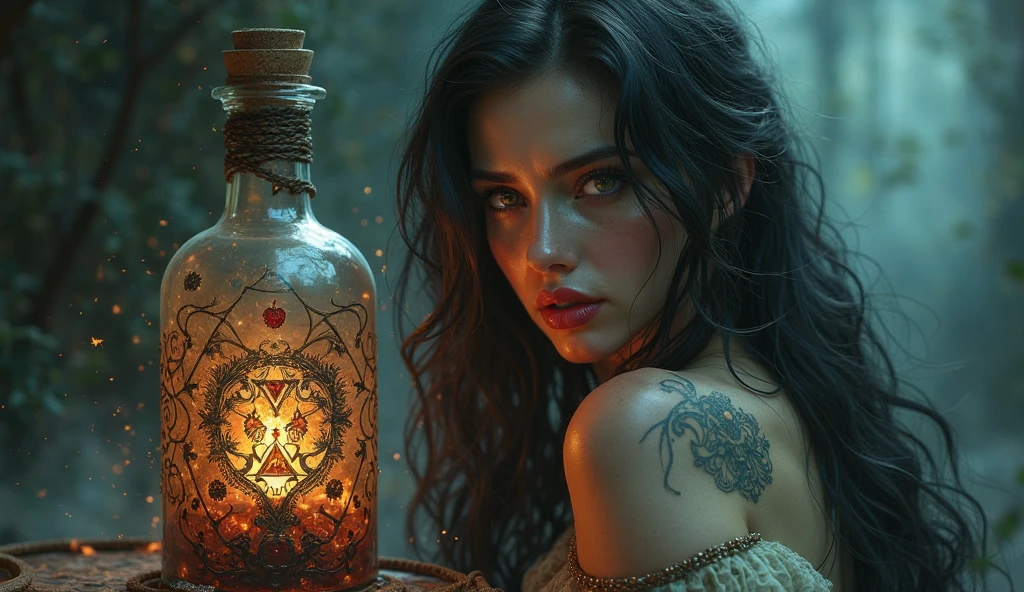 There is a woman standing on the rock in front of the castle, artgerm julie bell beeple, charlie bowater character art, charlie bowater art style, charlie bowater rich deep colors, Kushatt Krenz Key Art Women, alena aenami and artgerm, NeoArtcore和Charlie Bowater(charlie bowater), epic exquisite character art,Long-haired woman with brown hair holding a starry bottle,themoon,Castle,black cats,the bats,