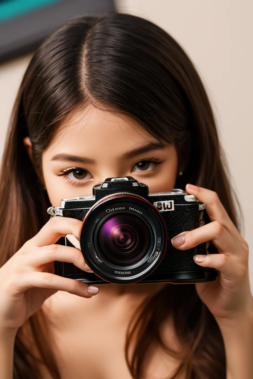 Create an image of a very young photographer who has only a camera and little photography equipment, is working on PC generating images by AI. Your model is a real person. Ratio 16:9