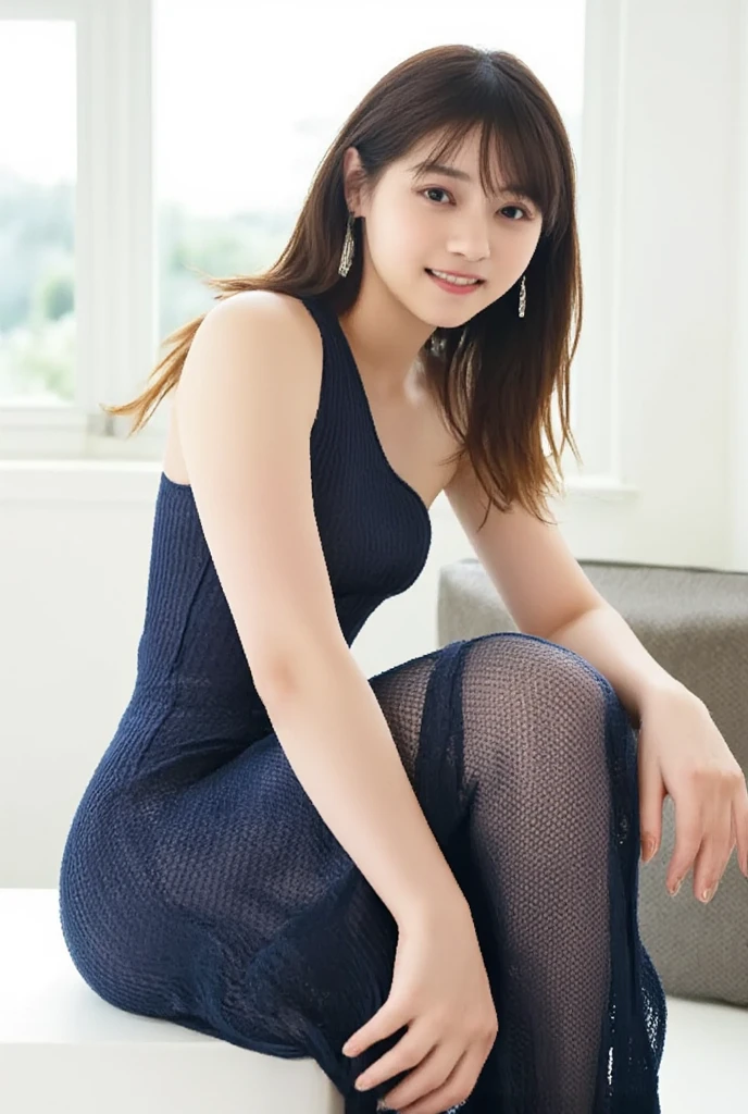 ((full body)),((full pose picture)) Masterpiece: 1.3), (8K, Photorealistic, RAW Photography, Best Quality: 1.4), Japan Girls, Standard Body Shape: 1.3, (black long Hairstyle: 1.2),  Ultra Detail Face, Eyes of Detail, Double Eyelids, slim legs, slim body, 20 years old girl, teen, ((sitting on sofa)), show feet, feet :1.3, Slouching Breasts, Sharp Focus: 1.2, Pretty Women: 1.4, Light brown Hair, Top Quality, wink, blushing, Masterpiece, happy face, round earrings, Ultra high resolution, firm buttocks, black eye shadow, (photorealistic: 1.4), very detailed and professional lighting smile, happy face:1.3, teeth, living room background, ((looking at viewer)), ((blue dress)), show very close feet:1.5,