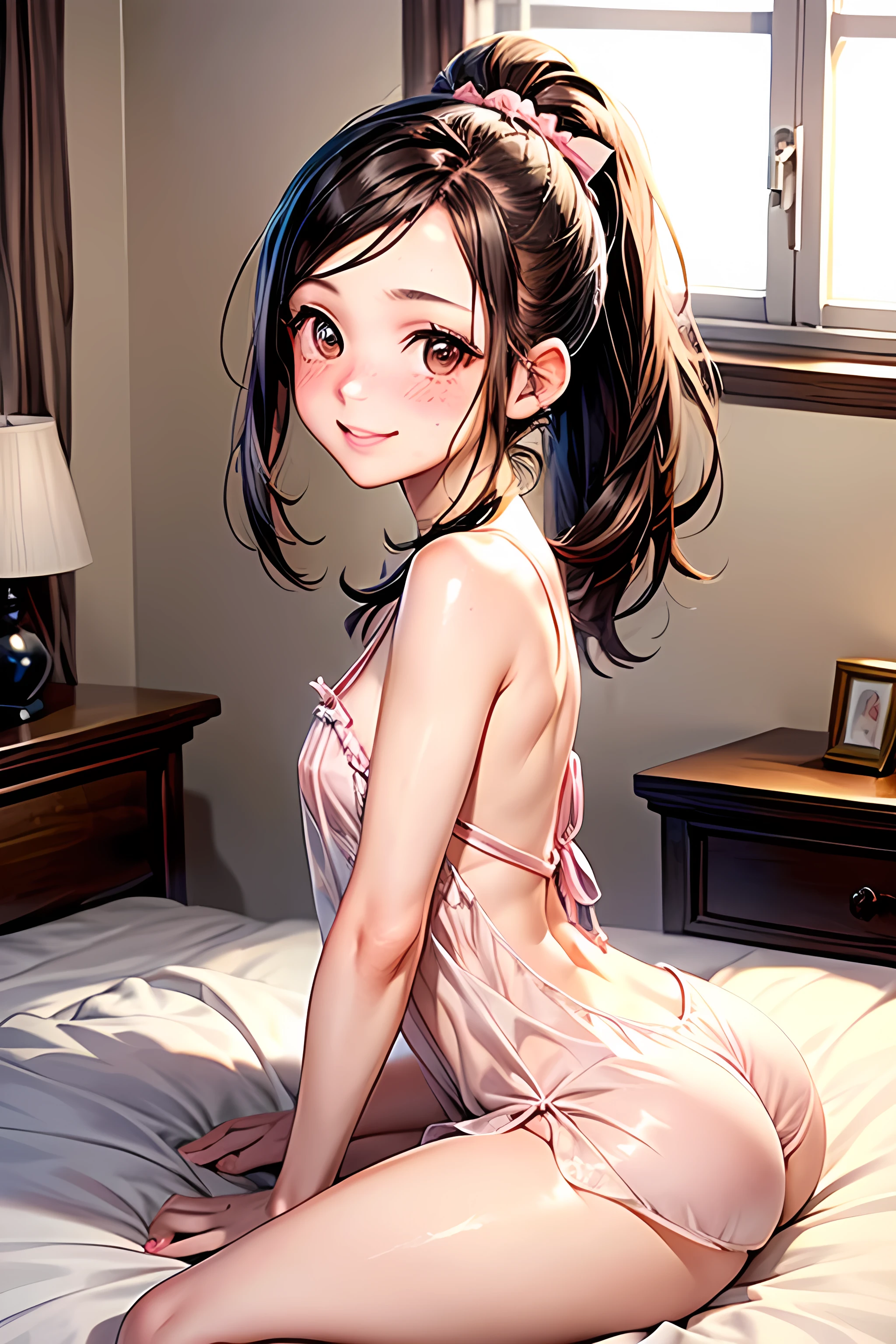 ntious face, (1girl:1.7), BREAK straight hair, (long hair:1.3), (black hair:1.3), (blunt bangs:1.4), (brown eyes:1.4), (ahegao:1.6), (douyin:1.4), (pretty face:1.5), perfect anatomy, pretty eyes, lips, smile, (narrow waist:1.3), brat, (big lips:1.5), (juicy lips), (nose blush), BREAK (pink girl bedroom:1.6), stuffed animals, bunny plushie, heart pillows, (chunky socks), (pink babydoll dress:1.3), (Mary janes shoes), (necklace:1.2), BREAK looking at viewer, cowboy shot, 1 girl on all fours, all fours, all fours, (smile:1.3), (expressive style:1.5), detailed background,
