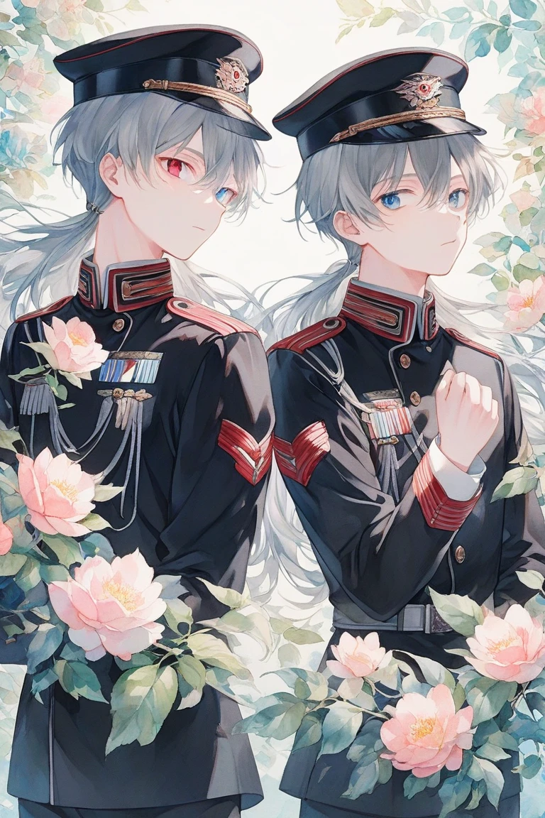 A young man in a military uniform is of moderate size,white color hair,Hold both hands empty,