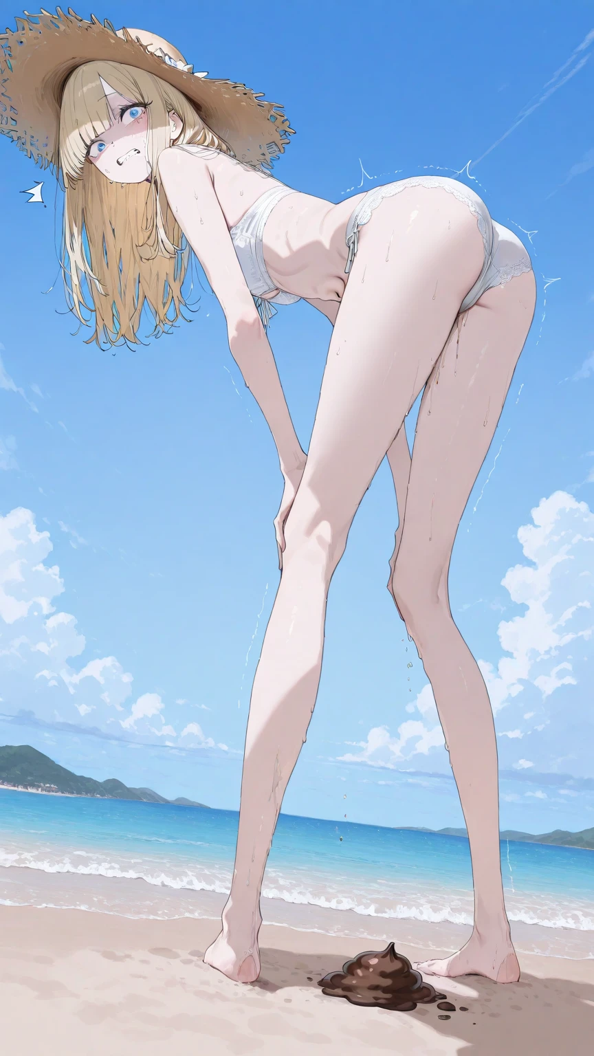 (masterpiece, best quality:1.2), full body, (solo), Android 18 from Dragon Ball, 20s, ((string bikini, white bikini)), sitting, (hugging own legs), medium breasts, blunt bangs, short blonde hair, (close eyes), earrings on earlobes, slender feminine figure, skinny body, blush, sky, magnificent view, blur background, 4K, open mouth, beach, side-tie bikini bottom, smile, Sandy Beach, highleg bikini, barefoot, side boob, facing viewer, knees up, beautiful butt, front view, crossed arms,