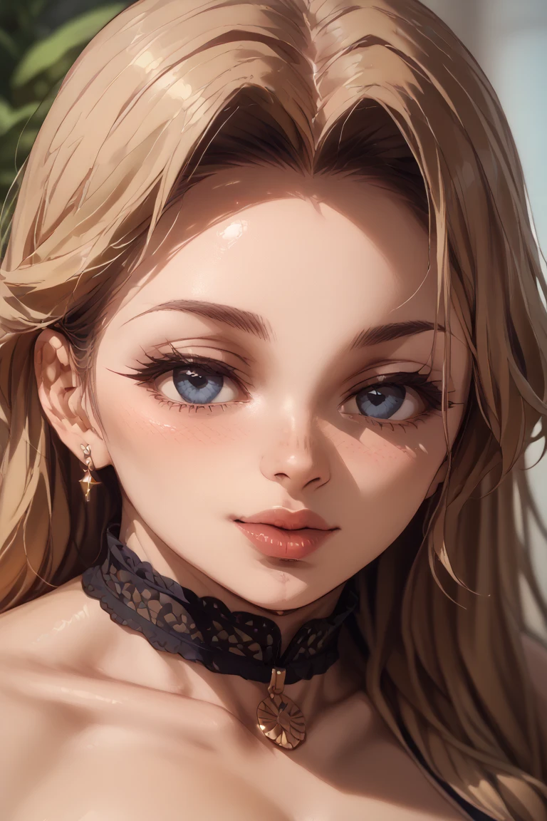 a beautiful picture of Darcy, masterpiece, photorealistic, detailed, 4k, HDR, backlighting, bloom, light, RAW color photo, smooth skin, brown hair with blonde strips, very long hair, detailed face, yellow eyes, nude, choker, <lora:WinxClubDarcy-10:0.9>