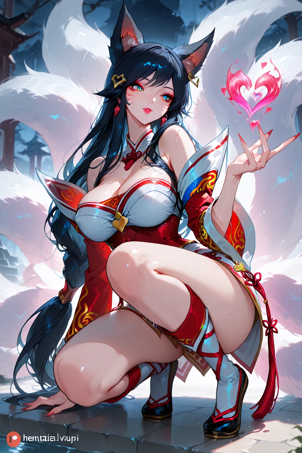 (best quality,ultra-detailed,realistic:1.37),Ahri,spa,luxurious,relaxing atmosphere,beautiful detailed eyes,beautiful detailed lips,smiling,bathrobe,sitting upright,black hair,nine white tails,peaceful background,portraits,vivid colors,soft lighting,tranquil ambiance, bare breasts