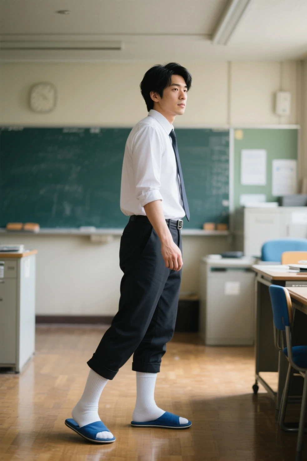 1 Korean teenage boy,multiple student in classroom, student president, handsome, turn half face, standing  sideways turn back to viewer , showing his  body, classroom, table, chair, sunlight,working guy,, full body shot 