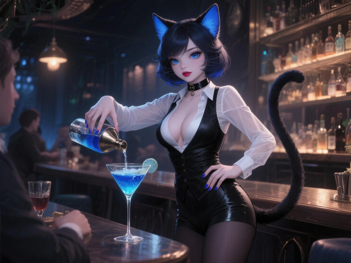 (by pixelsketcher:0.6), (by personalami :0.6), solo, female, cat, kemono, grey fur ,detailed background, (cinematic lighting:1.1), (perfect focus:1.1), 8k hd, photo, (detailed eyes:1.2),depth of field, bokeh, subsurface scattering, perfect breasts, wide , Rubber suit, Rubber suit, latex, neon, Fishnet tights, big breasts, bright colors, (furry detail), detailed background, cyber cafe, smile,(fur),(realistic furry:1.1),(tail), (extreme furry detail:1.2), green eyes, solo, medium-lenght hair