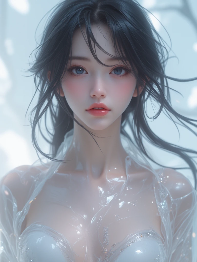 (Best quality,4K,8K,A high resolution,Masterpiece), Ultra-detailed, (Realistic,Photorealistic,photo-realistic:1.37),, Studio lighting, Physically-based rendering, Vivid colors, 20 year old girl wearing transparent plastic clothes, dark room, black hair, blue eyes, extremely detailed eyes, wet skin