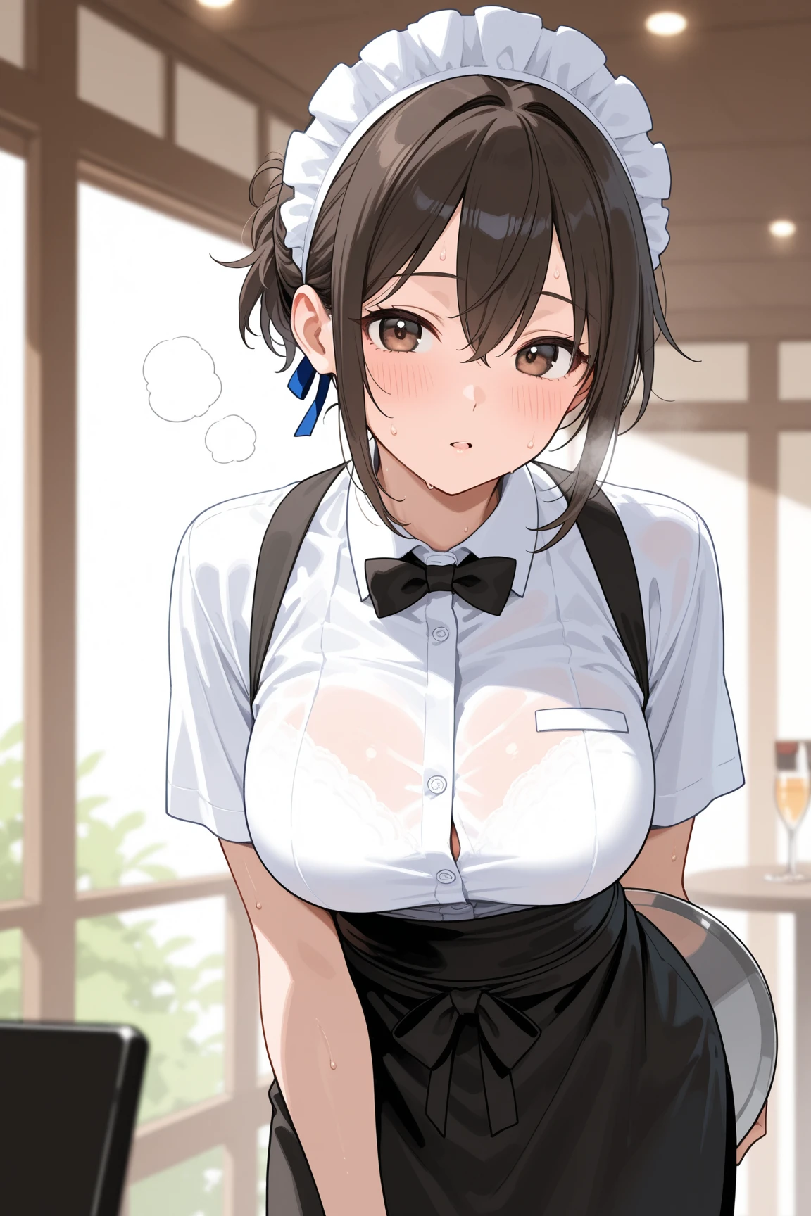 Realistic, Masterpiece, Top Quality, (Detailed Eyes), One High School Girl, Huge breast, Sweat, night, outdoor, bustling restaurant, micro bikini tucked in, string only micro bikini, ponytail, earrings, white apron, puffy short sleeves, between breasts, small tray, mole on breast, center opening, bow tie, pelvis curtain, (wide hips), shy smile, embarrassed, (look up), short maid skirt, maid headdress, cream on boobs