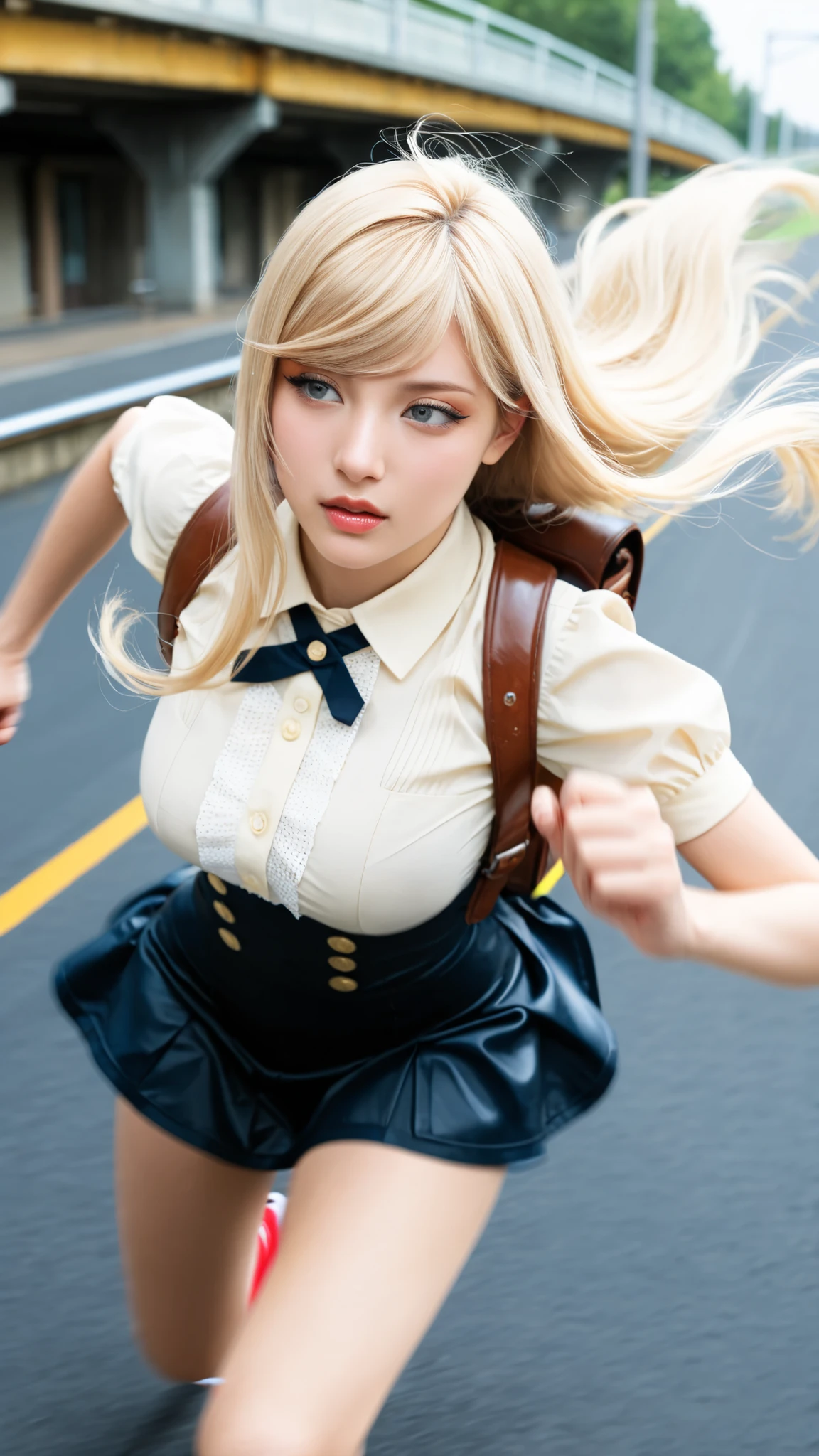 zavy-bcklt,cosplay,(masterpiece, ultra-HD, photorealistic, impressionism, high detail, depth of field, dynamic lighting, best quality, very aesthetic, 8k, best quality, sharp focus, realistic, muted lighting, shallow depth of field), Faster-than-Light Mail Delivery Girl, real face, real skin, shiny skin, gray eyes, eyelash extensions, narrowed eyes, thick lips, (Light blonde very long hair, Side-swept bangs), elastic breasts, Top button open, tight female postman top, postman short skirt, leather backpack, (motion blur, running faster than light: 1.5), (Shining Golden Light Stream: 1.3), high-speed running light effect, light spill, foreshortening, dynamic angle shot, 
night, darkness, on an elevated bridge, late night city view background
