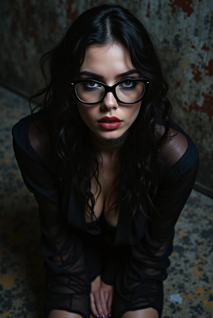 ( masterpiece.uhd.photorealistic.) ((full body)) (wind blow long, messy hair:1.3), blue eyes, (glasses),epic cleavage (100e breast size) detailed eyes, detailed full lips, (photo from many different angles:1.5), (creepy and scary indoor place, abandoned with fog and fog, snow, green moss: 1.3), professional, vivid colors, bokeh, studio lighting