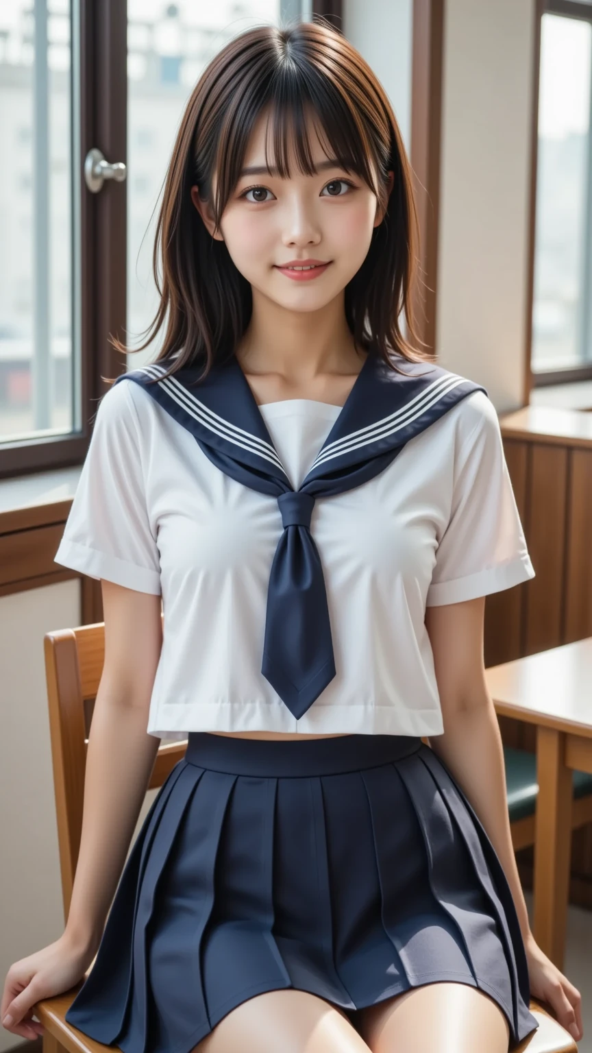 neat college girl, (school uniform, sailor uniform, ribbon tied at chest, summer uniform, upper body white, skirt is navy blue), outside the athletic field, (slim), photorealistic, detail, skin texture, ultra detail, delicate and sexy collarbone, smile, super detailed face, detailed lips, detailed eyes, double eyelids, small breasts, small breasts, small, flat breasts, breast emphasis