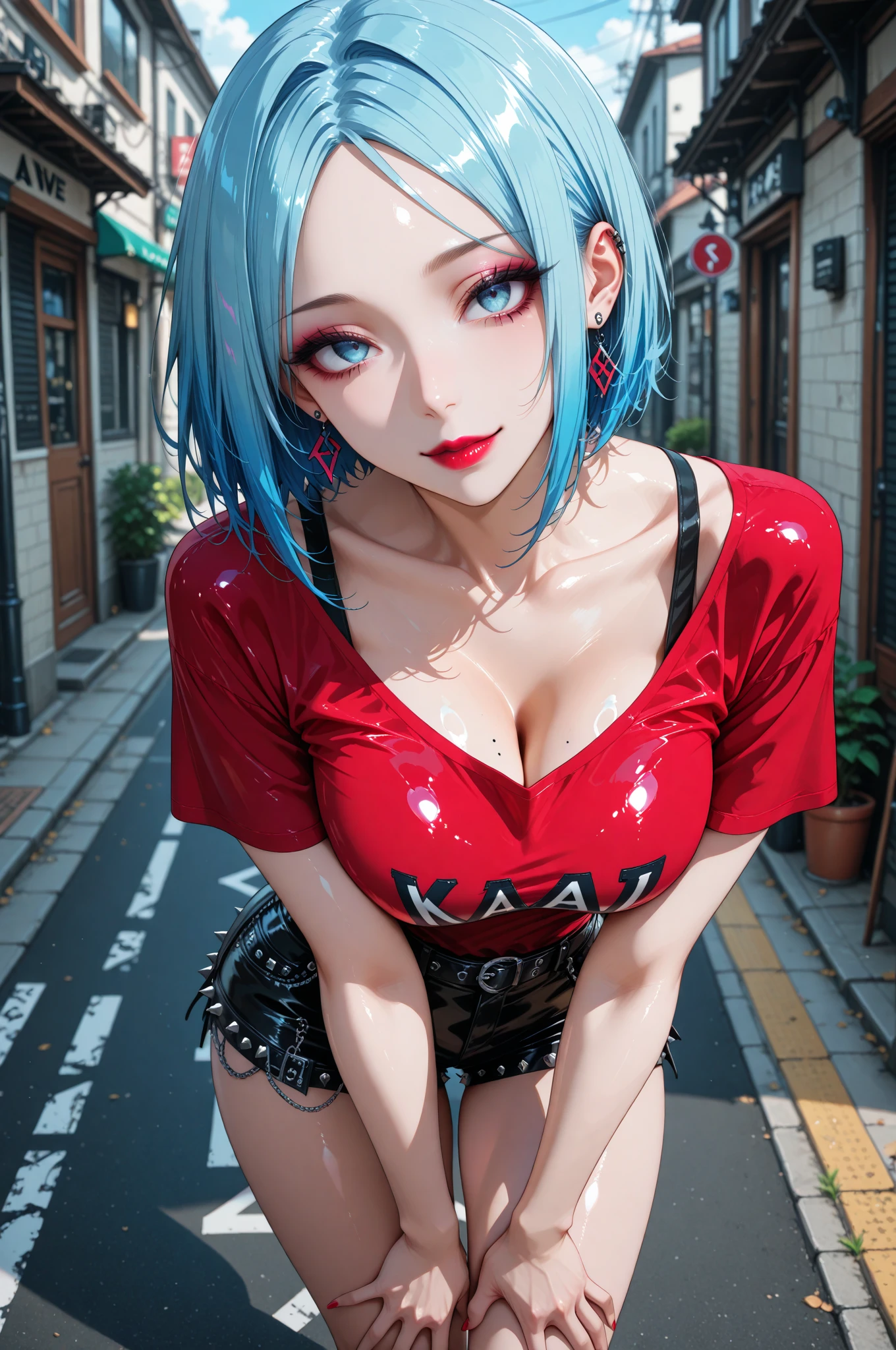 Big round breasts, (1 mature woman, 27 years old), ((neon blue straight hair long style: 5.1, straight bangs, bow, side ponytail)), brown eyes, double eyelids, light effect on eyes, hips wide, black leather jacket, fabric choker, stylish skirt, with cropped underneath, long sleeves, high-waisted pleated skirt, shy expression and smile, lips with red lipstick, ((sexy body)), solo, best quality, work -prime, portrait, flirting with viewer, sensual pose, detailed, perfect anatomy, detailed art, high definition, 4k, high resolution, in sexy position, on the terrace of the building, leaning against the wall