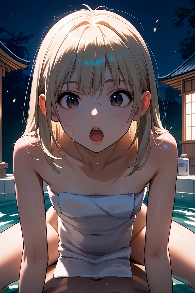 Outdoor,(night),Near hot springs,steam,Rika Jougasaki,Yellow and orange hair hoop, smile, Open your mouth,(naked),Small breasts,((1boy,ass pov,vaginal penis,Sex,cum in pussy)),