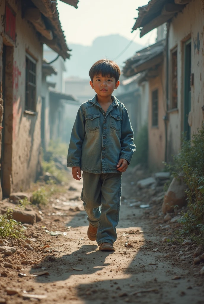 A chinese poor boy who have no home and he was hungry and helpless and he stand in a dirty street he have dirty clothes