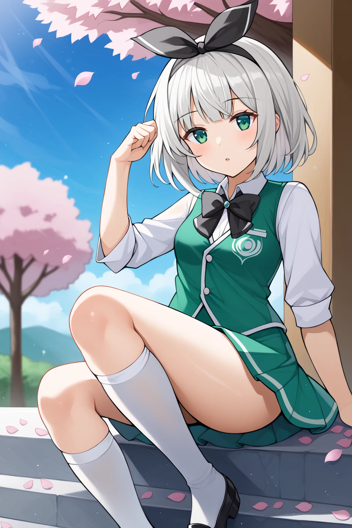 1 girl, kexistpaku_youmu, underwear, underwear, skirt, green_skirt, short_hair, alone, breast, green_Eye, blush, white_underwear, hairband, lexistg_sleeve, white_hair, School_uniform, Bangs, Sefuku, shirt, Moderate_breast, kexistpaku_youmu_(ghost), lie, white_shirt, sock, Black_ribbexist, 水hand_collar, texistami, alternexiste_Costumes, Black_hairband, bob_cut, watching_exist_audience, closure_Mouth, exist_Back, ribbexist, Black_sock, spread_leg, scarf, 大leg, hair_ribbexist, camel toe, hand_up, exist室内, ground, 