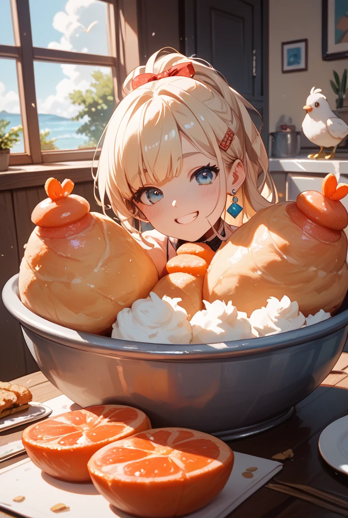 (masterpiece, top quality, best quality, official art, beautiful and aesthetic:1.2),
1girl, hair ornament, blonde hair, minigirl, solo, breasts, food, nude, long hair, blue eyes, blush, ponytail, large breasts, blurry, open mouth, barefoot, completely nude, looking at viewer, cleavage, depth of field, in container, blurry background, sitting,
extremely detailed,colorful, (dynamic pose),