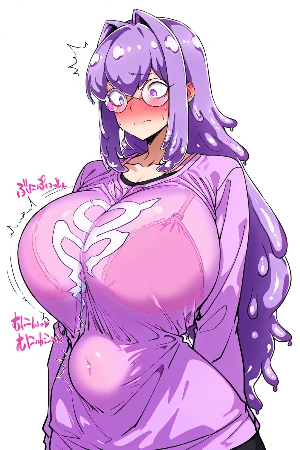(((Fantasy、nsfw、sex)))、Red eyes、Blunt Bangs、Silver Hair、Bobcut、Chubby、Purple Bodysuit、dress、White panties、Hands on chest、Spreading her legs、Crouching、Tight clothing、((vapor))、((:o、Are crying、Embarrassing))、(Sweat)、(Huge breasts)、Fat belly、Thick thighs、Dark Cave、Glasses、hat、Surrounded by multiple dicks、Tentacles touch your body