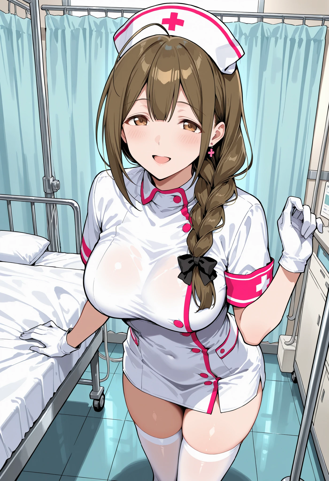 top-quality、Full limbs、complete fingers、((Three Slender Beauties))、straight haired、Brown hair、((Pink Nurse Leotard))、Pink nurse hat、White pantyhose、hospitals、Hospital Room、Patient bed、A big smile、Dancing、((harems))