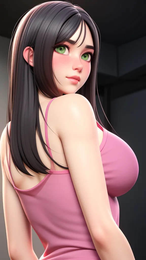 woman in a red top posing for a photograph, 18 years old, anime, black hair falling on her chest, brown eyes, mouth slightly open, looking at the viewer, in a red transparent top, see-through, in the room