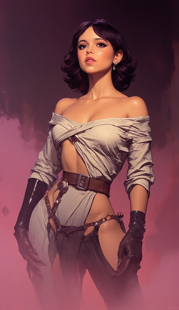 1girl, female assassin, asymmetric bobcut hair, full body shot, clyde caldwell, red lips, thong, cleavage, black hair, red eyes