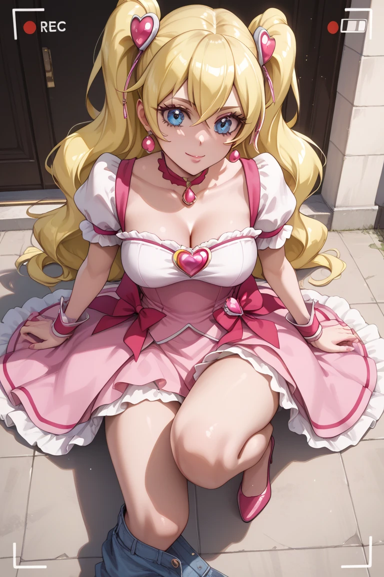 girl, medium large breasts, green eyes, long hair, twintails, sandy blonde hair, hearts, pink atmosphere, juicy lips, curvey,, smile, spread legs, on back, spread pussy , grabbing thigh, pudge, flat colour, lineart, beautiful eyes, pink bow, juicy lips