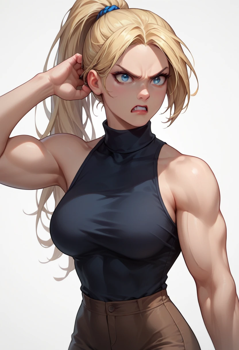 cutesexyrobutts style, 1girl, breasts, solo, horns, long_hair, navel, yellow_eyes, animal_ears, looking_at_viewer, large_breasts, abs, blonde_hair, white_background, cleavage, goat_ears, simple_background, midriff, goat_girl, bare_shoulders, crop_top, stomach, black_gloves, hair_between_eyes, gloves, sports_bra, bangs, collarbone, upper_body, goat_horns, underwear, closed_mouth, very_long_hair