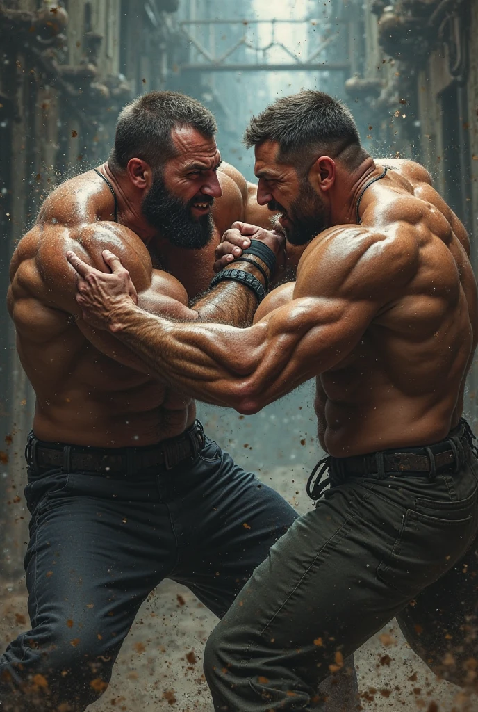 3D Photorealistic, Masterpiece realistic, best high quality, perfect details, RAW Photo, intricate details, nice lighting, 4K, detailed background, In the championship boxing match, 2 muscular boxers sparring white and black, short beard, correct muscle anatomy, sweat splash, perfect hands anatomy, epic sparring scenes, rare moment, (sparring:1.3), extremely powerful scenes, fierce, manly, manliness, shirtless (shirtless:1.8), they fight with a long conflict as they have an old score to settle. perfect fighting choreography, perfect proportion, dim light.