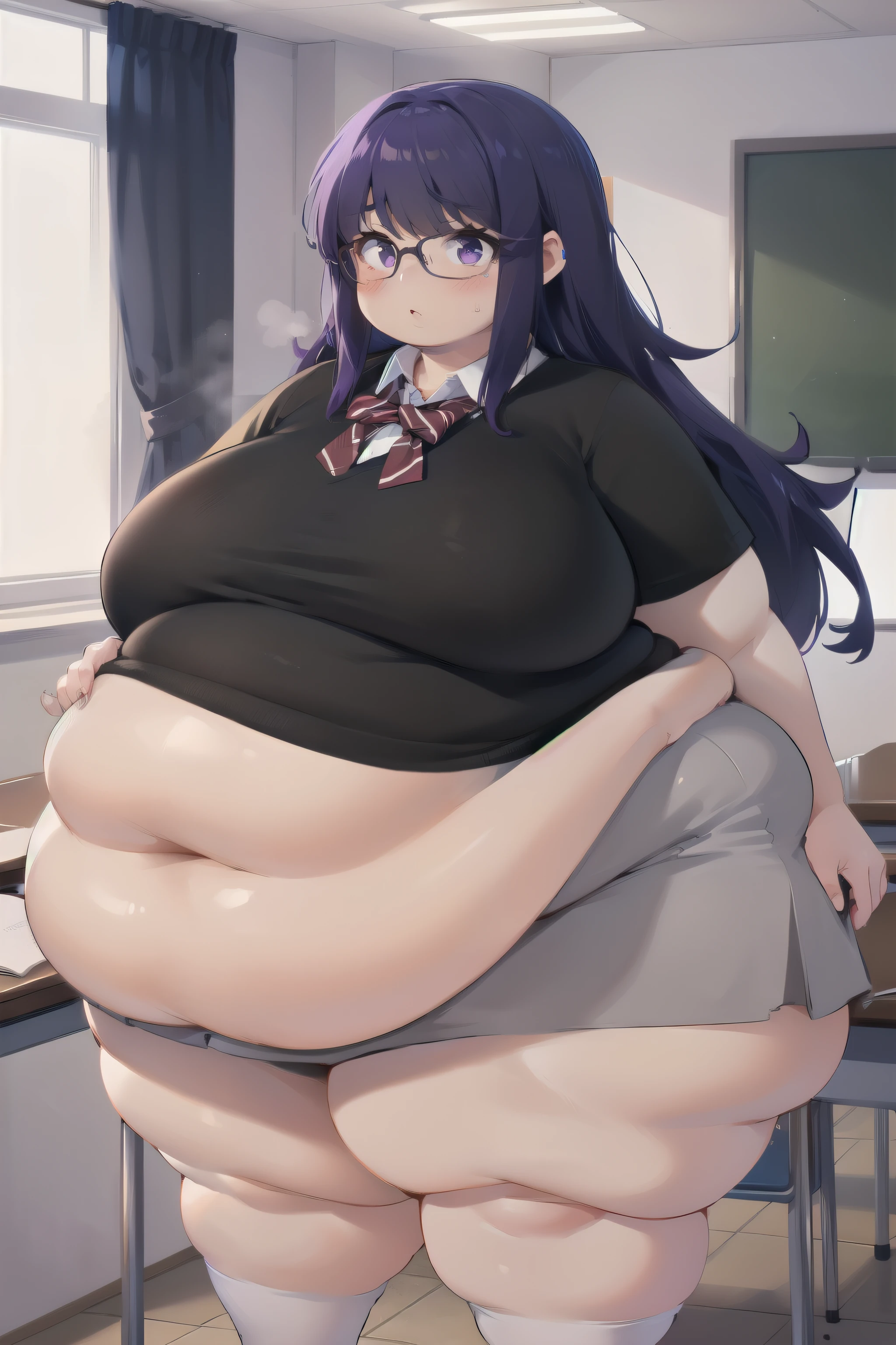 (masterpiece, best quality), 1girls, big belly, blurry background, huge belly, art by kipteitei, round belly, chubby, curvy, white button-up shirt, skirt, thighhighs, simple_background, gradient_background, belly bursting out of shirt, belly grab, enormous belly, fat belly, thicc, bigger belly, sitting on chair, really big belly, jiggly belly, shirt covering belly, belly cover by shirt, glasses