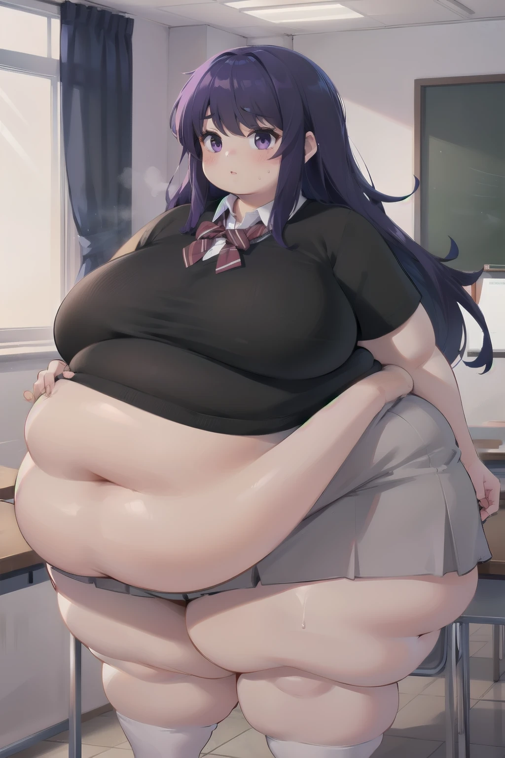 (masterpiece, best quality), 1girls, big belly, blurry background, huge belly, art by kipteitei, round belly, chubby, curvy, white button-up shirt, skirt, thighhighs, simple_background, gradient_background, belly bursting out of shirt, belly grab, enormous belly, fat belly, thicc, bigger belly, sitting on chair, really big belly, jiggly belly, shirt covering belly, belly cover by shirt