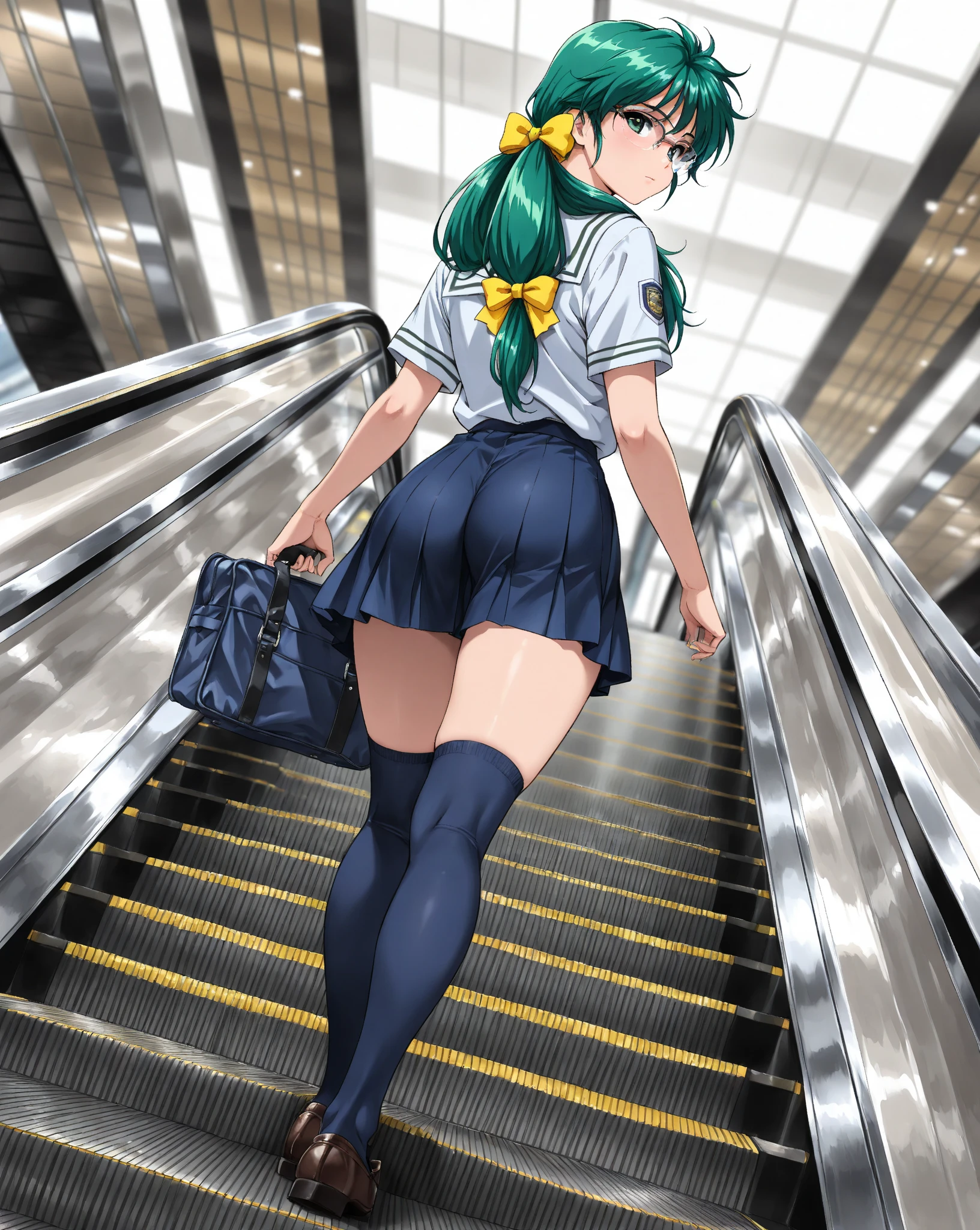 Miyuki, 1girl in, Solo, long_hair, Naughty big、large full breasts、Bangs, Blue_Eyes, Black_hair, hair_ornament detached, long_sleeves, School_uniform, hair_bow ribbon, blunt_Bangs, white_Dress, own_Hands_Together, Black_neck tie, で_missiles, Yuki, Snowflake_hair_ornament detached、Look at viewers、、Stand on the escalator, (By up escalator), (lower body shot), Thigh Focus, (Taken from the bottom 1.3), (View from behind1.3)、 (white  panties:1.3)、(Skirt that rolls up:1.3)、(Fully exposed panties:1.5)