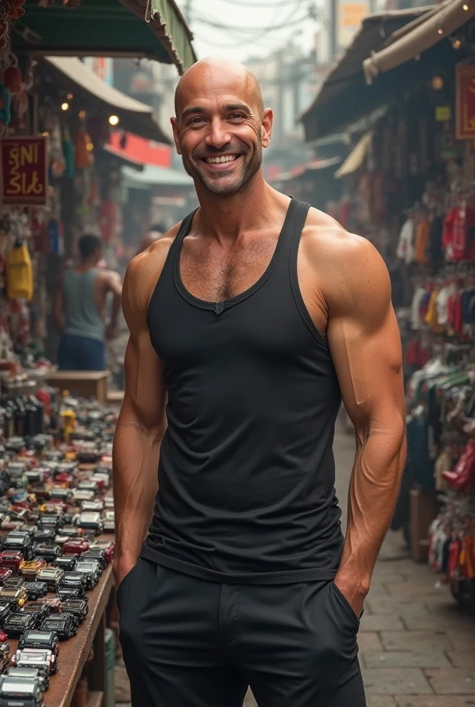 masterpiece, ultra photorealistic, Best quality, high resolution, realistic, sharpness, detailed skin pores, shopping mall artificial light, 8k, one man, focus on man, bald muscular man, pale skin, very tall, American face, muscular god body, small waist, wearing a blue men's jean, men's jewelry on the wrist and neck, jacket and black shirt in a shopping mall
