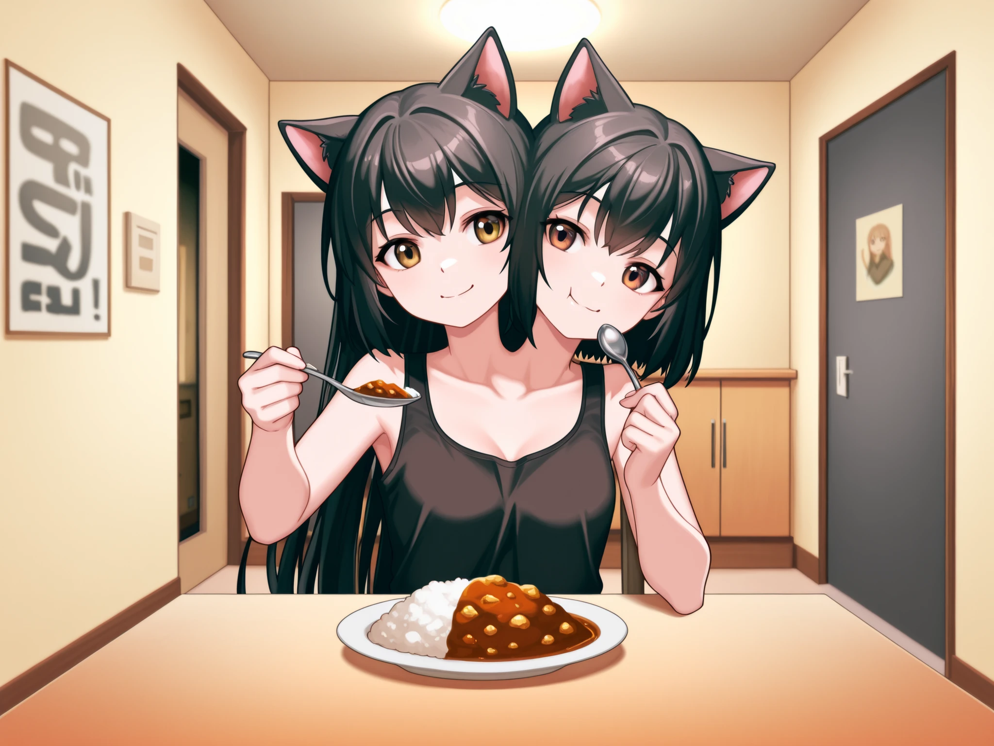 conjoined, anime catgirl with two heads, cat ears, black hair, left head has long hair and right head has short hair, brown eyes, smiling, black tank top, holding a spoon in one hand, plate of curry, eating, sitting at a table, apartment dining room, chest up shot