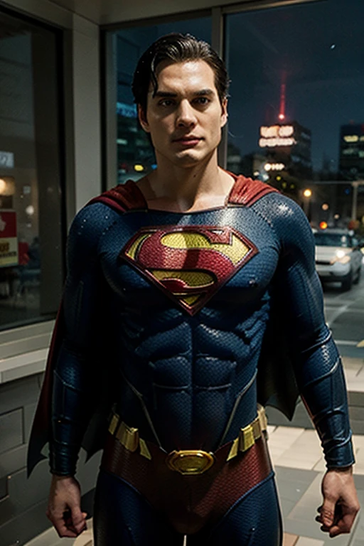 Jamie Dornan as a superman Standing on the Rooftop, full body shot