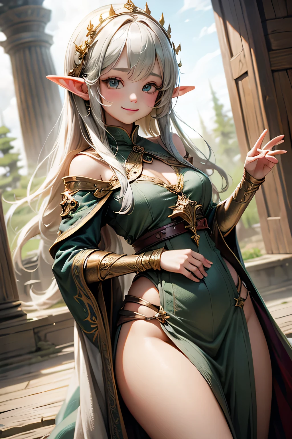 masterpiece,Highest quality,Very detailed,Elf Beautiful Girl,Long blonde hair,Very beautiful and detailed eyes,Thin legs,Long skirt, underweight,Small breasts,Beautiful peppermint green dress,Large ruby necklace,gem,Luxurious cape,A luxurious palace