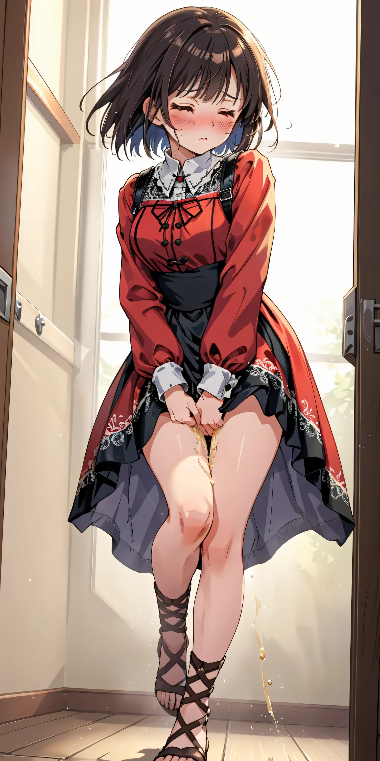  Wearing a dress backwards, cute,、cute red dress、white pants for girls, {{{{{{Half Top}}}}}}, Black-haired, Pixie Cut, {{{{{{Realistic}}}}}}、{{{{{{head is out of frame}}}}}}、Thin legs、 {{{{{{{{{From below}}}}}}}}}, Blushing、Chewed underwear、Men&#39;s Room、Pretty Cure、Medium Waist、Spread your legs wide、{{{{{{Bow-legged}}}}}}、crown、 Dripping