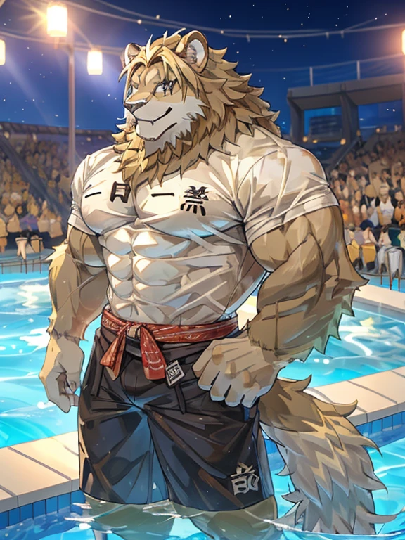 leo seibu lions, good looking, male, anthro, ultradetailed, muscular, solo, bareness, rippling muscles, muscles, stadium background, tail, smiling, nude, big penis, waving hand,