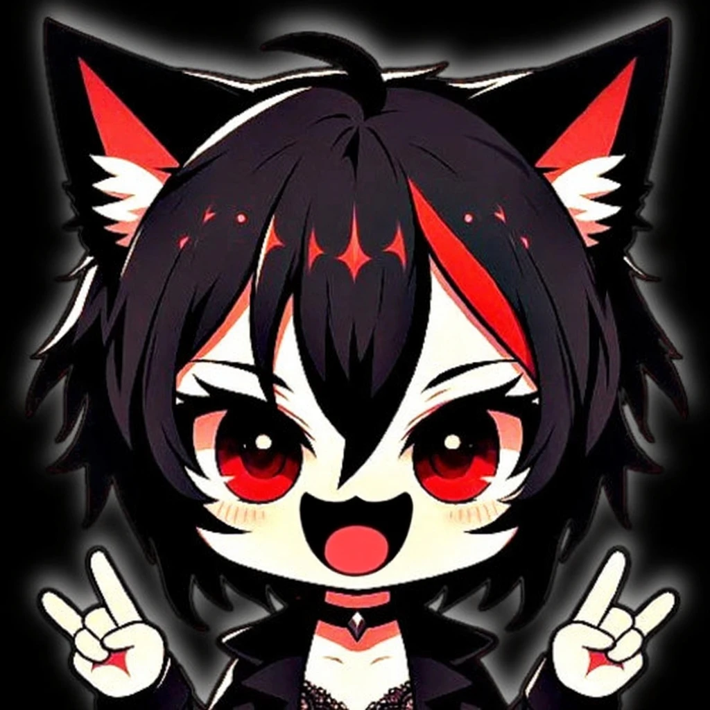 Short black bob, canvas ears, black shirt, Red eyes