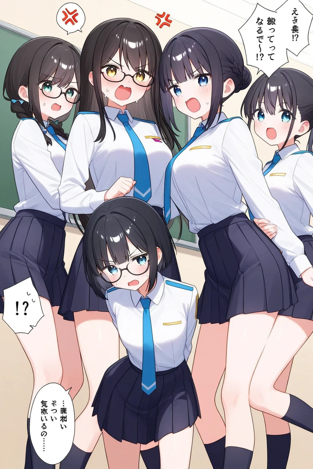 Super detailed, best quality, High resolution, moe-anime, ((((3 little girls with black hair and round glasses are loving each other.)))), (baby face), Tareme:1.2, dark blue eyes, cute eyes, detailed eye description, Eye sparkle, Looking at viewer, pale skin, (((petite))), (((face only:1.3))), (bottomless), (Big eyes:1.5), NSFW, focus on the hip, ((bust shot)), Bright eyes, in the classroom, ((white see-through school uniform)), Nipples are showing through, long hair, open legs, see-through-skirt, from above,