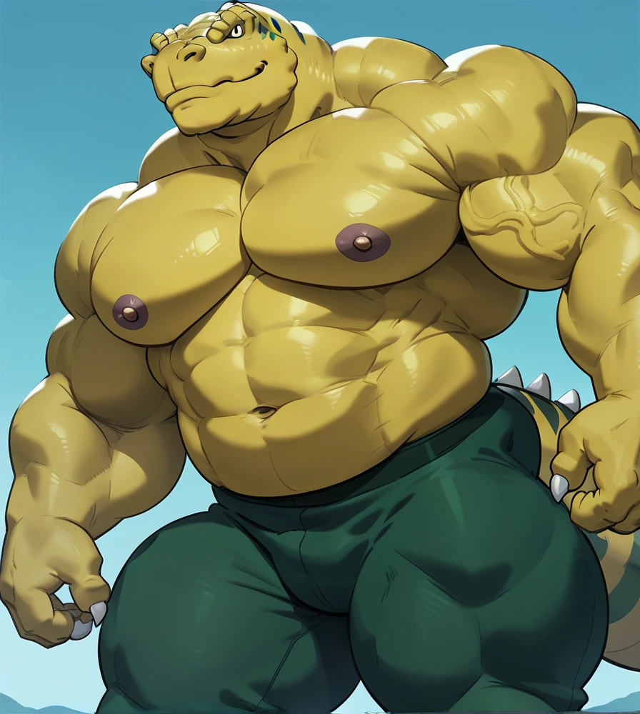 Solo, male, (alligator), standing, alleyway, plants, golden hour, smirking, rape face, (((muscular, buff, strong, giant, biceps, enormous, massive, gigantic, powerful))), overweight, musclegut, chubby, boxer briefs, big bulge, by bebebebebe, open mouth