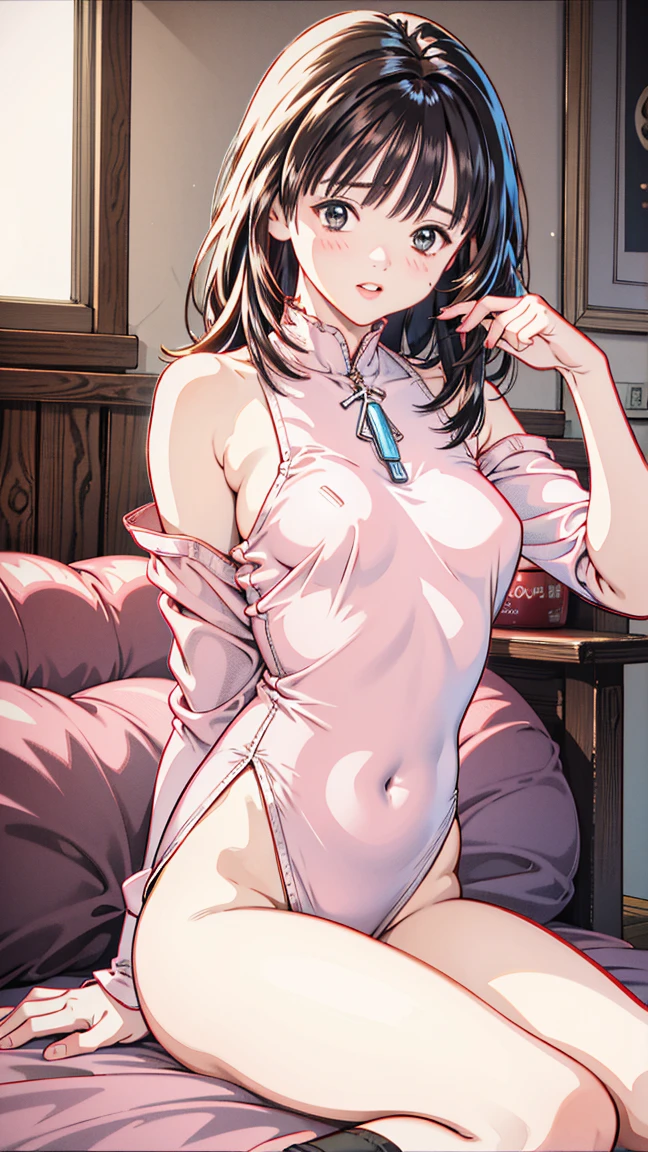 vaginal, 1girl, lying, topless, bottomless, medium hair,( two-tone hair ), uncensored, spoken hearts, blush,