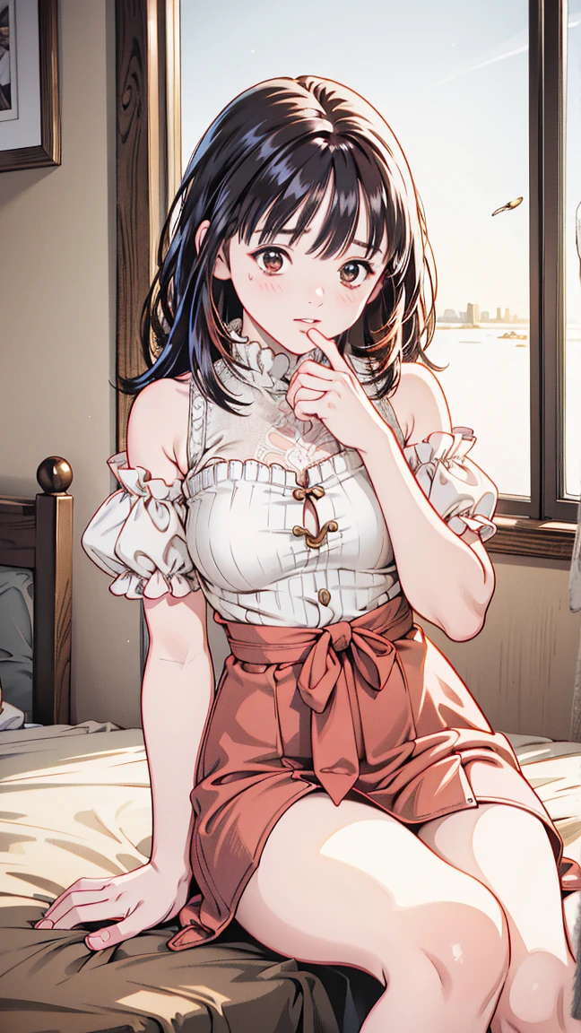 (High quality, High resolution, Fine details, Realistic), Long Wave Hair、dark brown hair、Earring、Modest necklace、Off-the-shoulder white shirt,light yellow flared skirt, crystal clear skies, Strong sunshine, Solo, Adult Woman, Sparkling eyes, Smile, blush, Large breasts, Oily skin, Shallow depth of field、Puffy nipple、Pose with chest emphasis in a slouching position、Holding the skirt with your hands Skirt Fuwari、sand beach、Lying down
