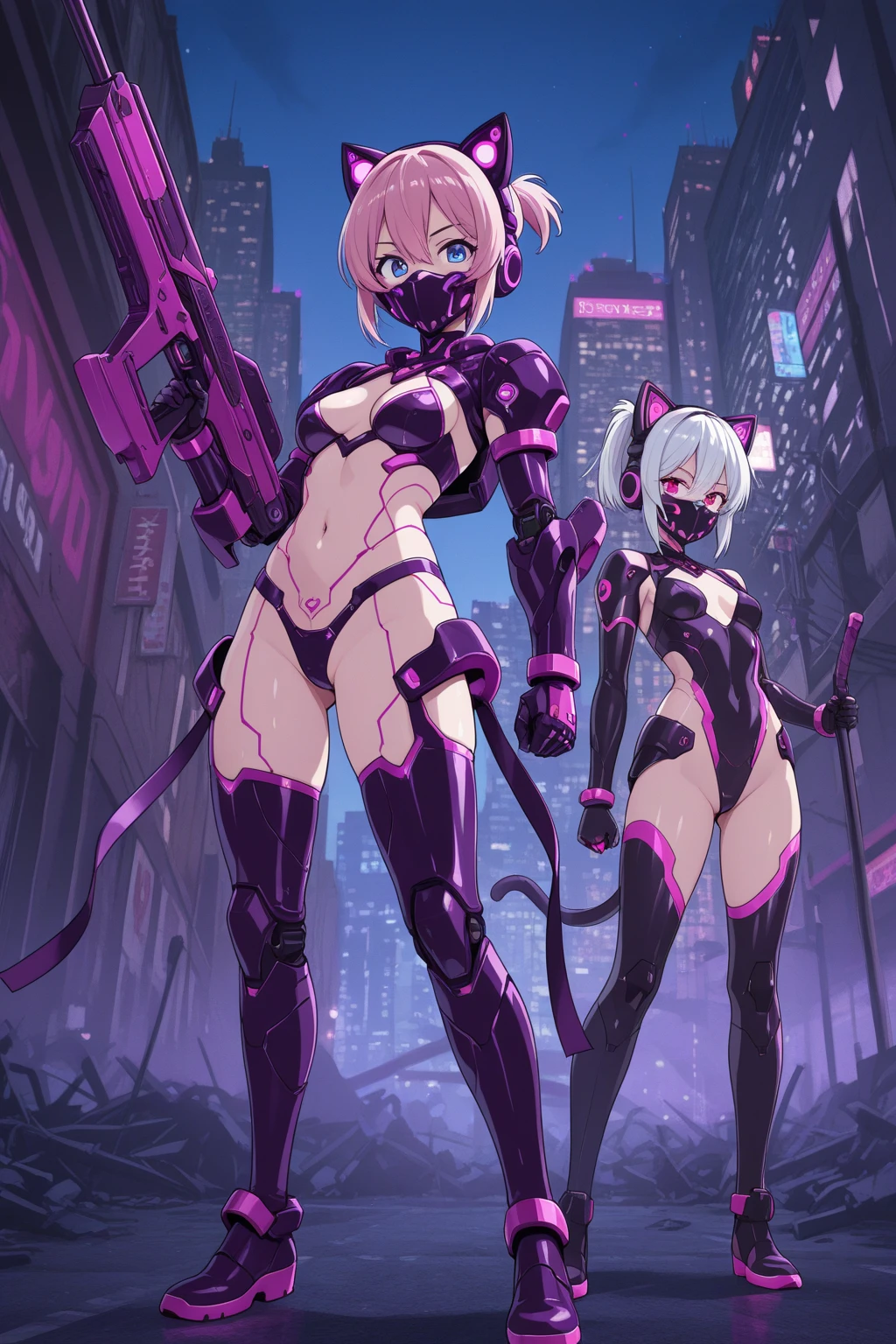 (Anime Line Art) A sexy Sith Warlord (alien, big breasts, no hair many small horns instead, blood red eyes, deep red almost black skin, many fierce orange body tattoos, small fighting costume, looks unhinged, wielding a red light saber) is dueling with a Jedi woman (big butt, small breasts, sailor school outfit with scifi gadgets, short hair, big eyes, calm and composed, masterfully deflecting the sith attacker), set in a sci-fi high technology building