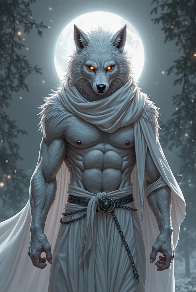 A wolf with a body resembling that of a human, holding a blouse in his hand, strong and gray
