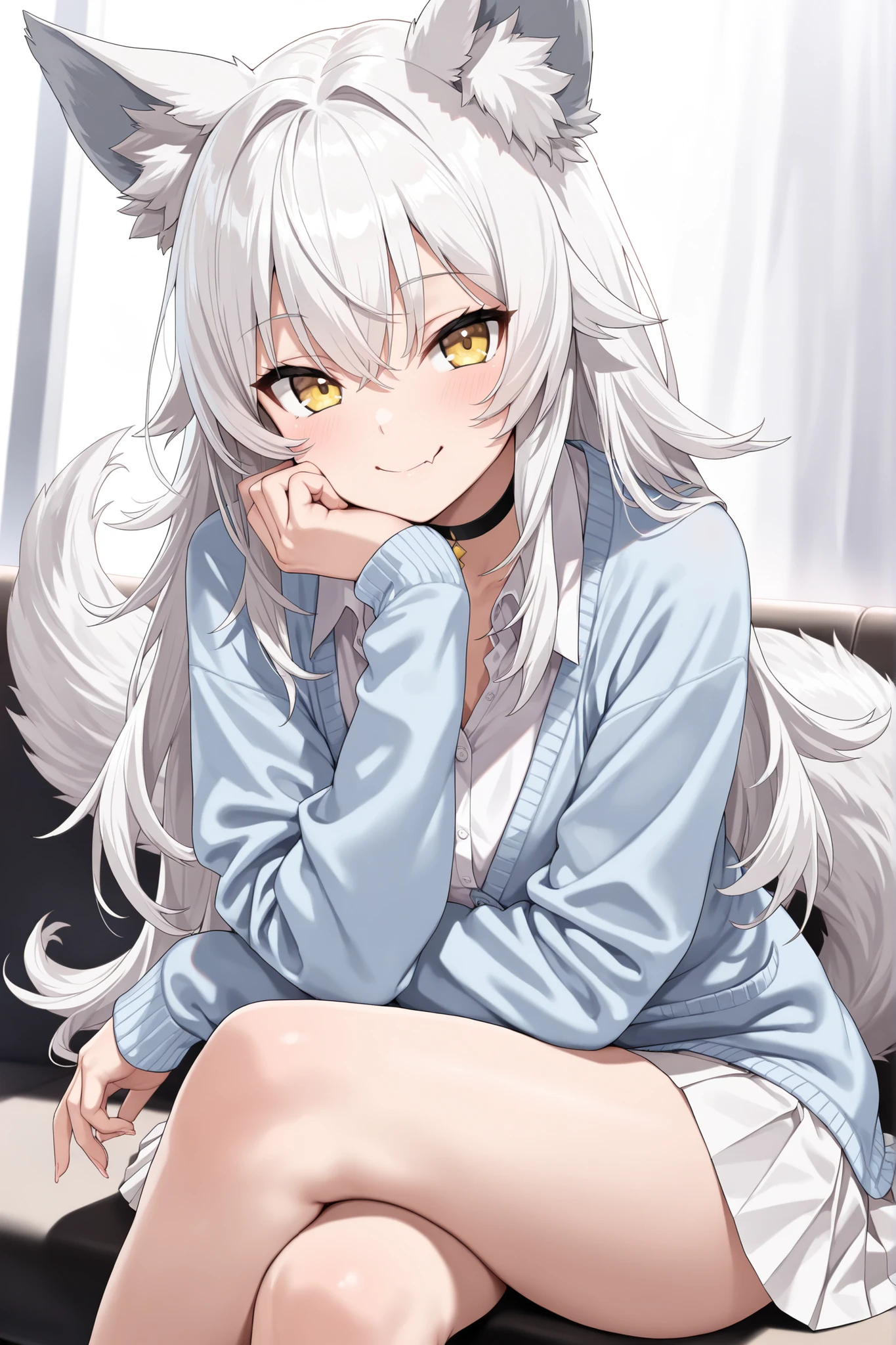 masterpiece,best quality,very aesthetic,absurdres,cinematic angel,
looking at viewer,on_side,indoors,bored,cowboy shot,bottomless,(pajamas:1.2),
<lora:namu_xl:0.6>,namu snowbreak,1girl,solo,long hair,dark-skinned female,dark skin,white hair,hair between eyes,yellow eyes,pout,