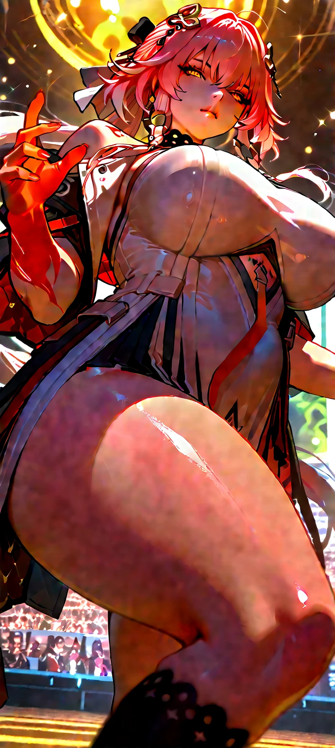 {{{nsfw:1.5}}},a cute girl, {arms up,chain, chained, chained arms} , stone floor and wall, prison,detailed wall, blush,embarrassed, sweatdrop, {{{Crying a lot, Sweaty, orgasm face, cute}}} ,perfect lighting, high detailed skin, gleaming skin, (large boob:1.2), {{bras}}, disheveled black bra, ((full back panties)) ,trousers, stomach, navel, kazama iroha, blonde hair, fingerless gloves, gloves, sarashi, thighhighs, japanese clothes, white thighhighs, skirt, haori, black gloves, hairband, bangs, sheathed, pleated skirt, ponytail, chest sarashi, breasts, sheath, blue eyes, hair between eyes, black hairband, hair ornament, leaf hair ornament, long sleeves, covered navel, miniskirt, wet, (legs up:1.7),(open legs:1.5) , ((breast close up)), 
